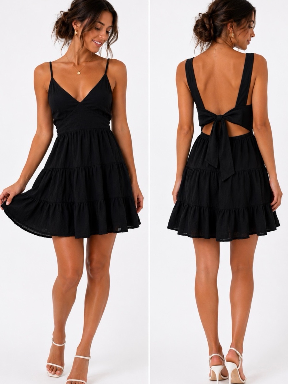 Black Tie-Back 3 Tiered Sundress V-Neck Dress Size Small